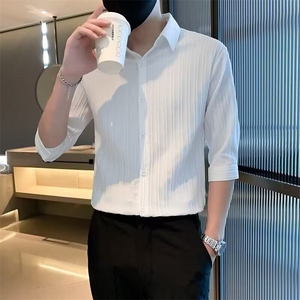 夏季冰丝短袖衬衫男潮流修身半袖寸衫五分袖潮牌中袖衬衣 CS001图片