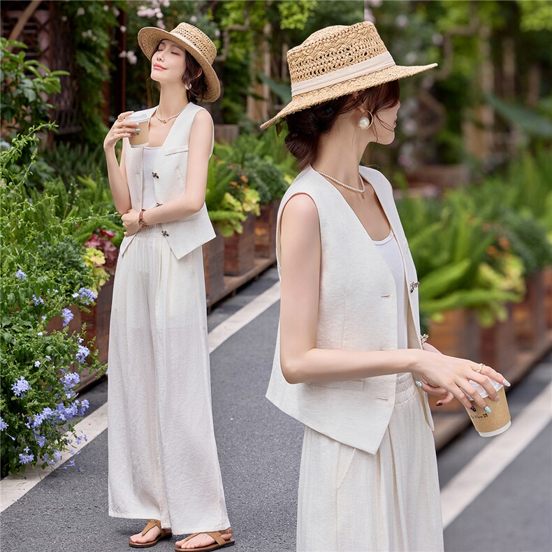时尚洋所马甲套装女夏季新款职场风V领西装马夹外套阔腿裤两件套,女装套装/套裙,水衣源
