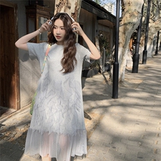 灰色网纱拼接连衣裙女2025夏季新款设计感小众宽松小个子T恤裙潮，女装连衣裙，2C176