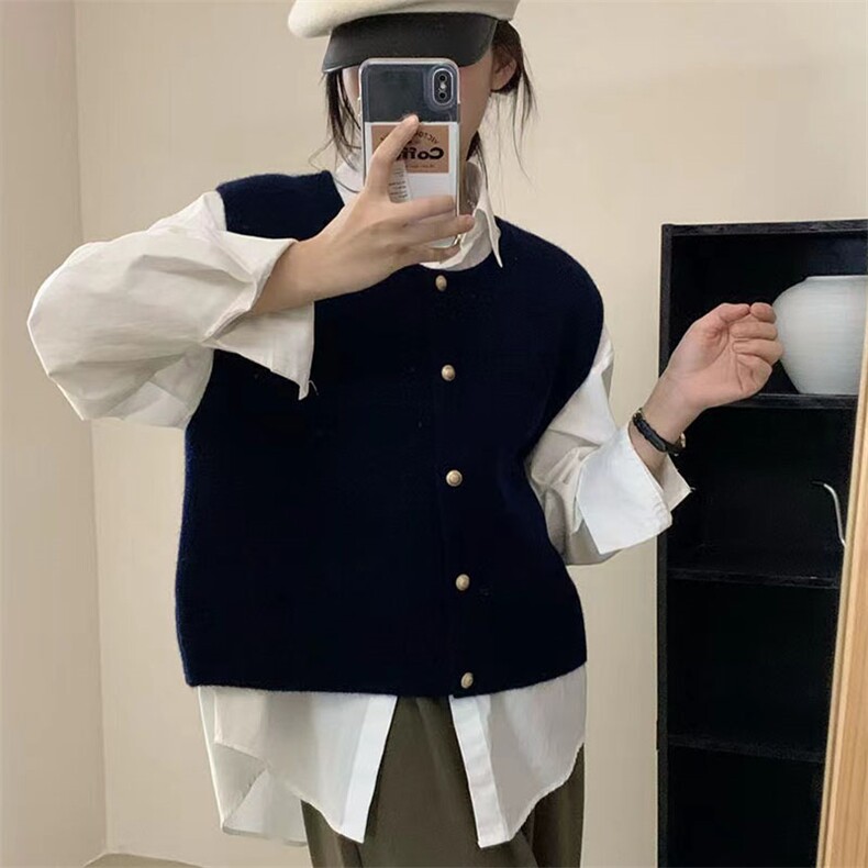 法式复古小金扣圆领针织宽松温柔韩系马甲,针织衫/毛衣,萱芳婷羊绒