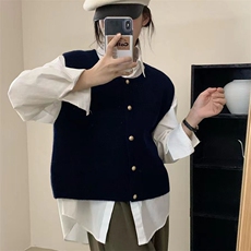 法式复古小金扣圆领针织宽松温柔韩系马甲，女装针织衫/毛衣，萱芳婷羊绒