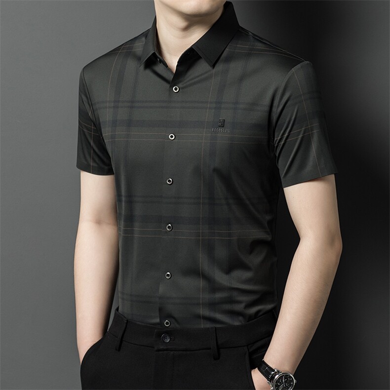 新款男士无痕短袖衬衫男条纹免烫时尚品质商务宽松潮服上衣,男装衬衫,钱塘6003（原4033）