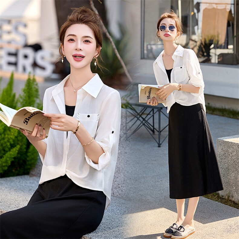 防晒衬衫吊带连衣裙两件套女2025春夏宽松显瘦休闲高级感套装裙，女装套装/套裙，诺蝶