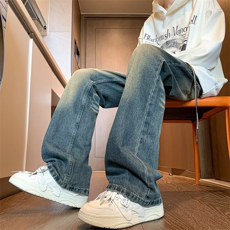 牛仔裤男水洗做旧修身直筒宽松微喇裤子美式高街微弹休闲长裤图片