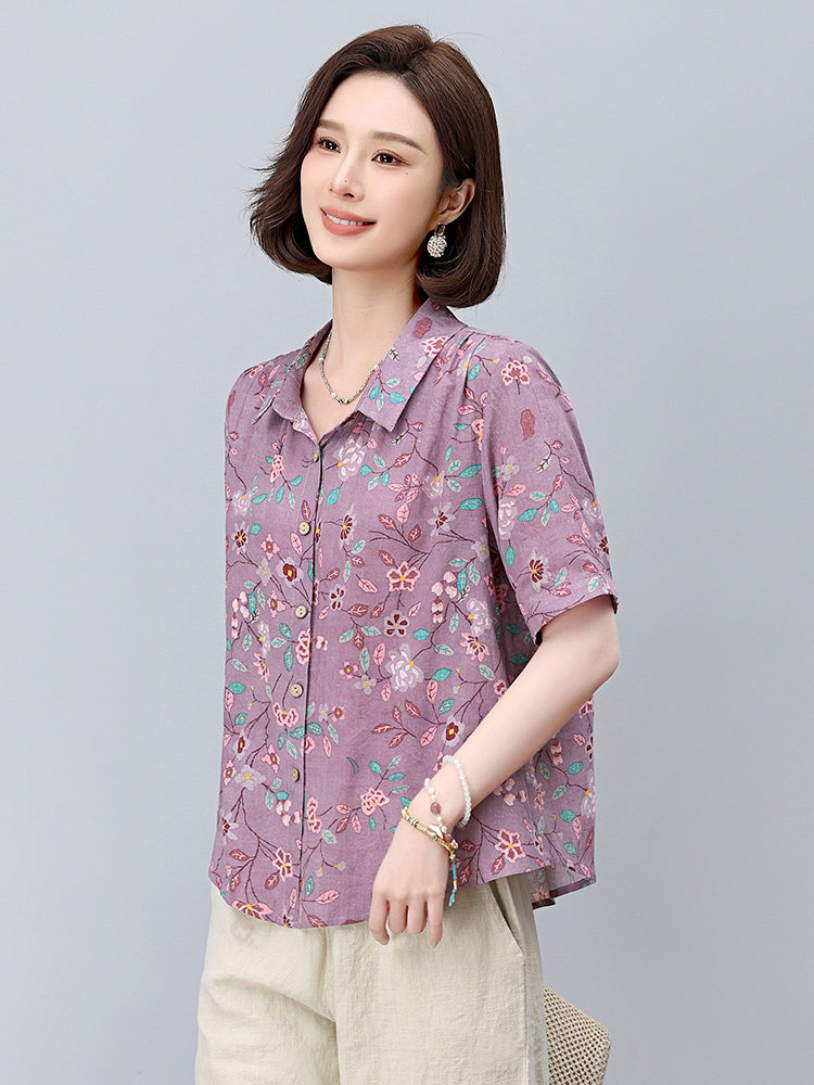 棉麻印花短袖薄款衬衫女2025年夏季新款小个子宽松妈妈遮肚子上衣,女装衬衫,依恋蒂丝