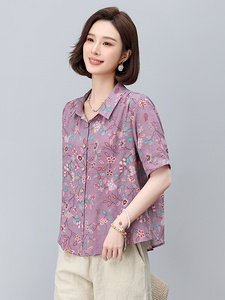 棉麻印花短袖薄款衬衫女2025年夏季新款小个子宽松妈妈遮肚子上衣图片