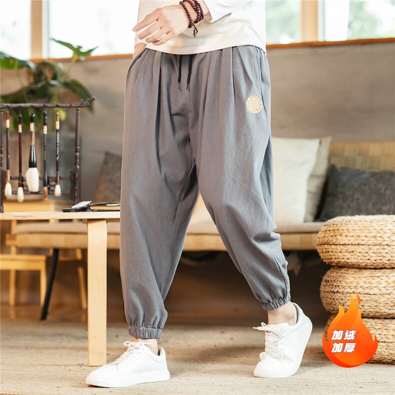 风绣花潮牌男帅气刺绣束脚九分裤大码宽松加绒时尚休闲裤，男装休闲裤，电商A011（原4039）