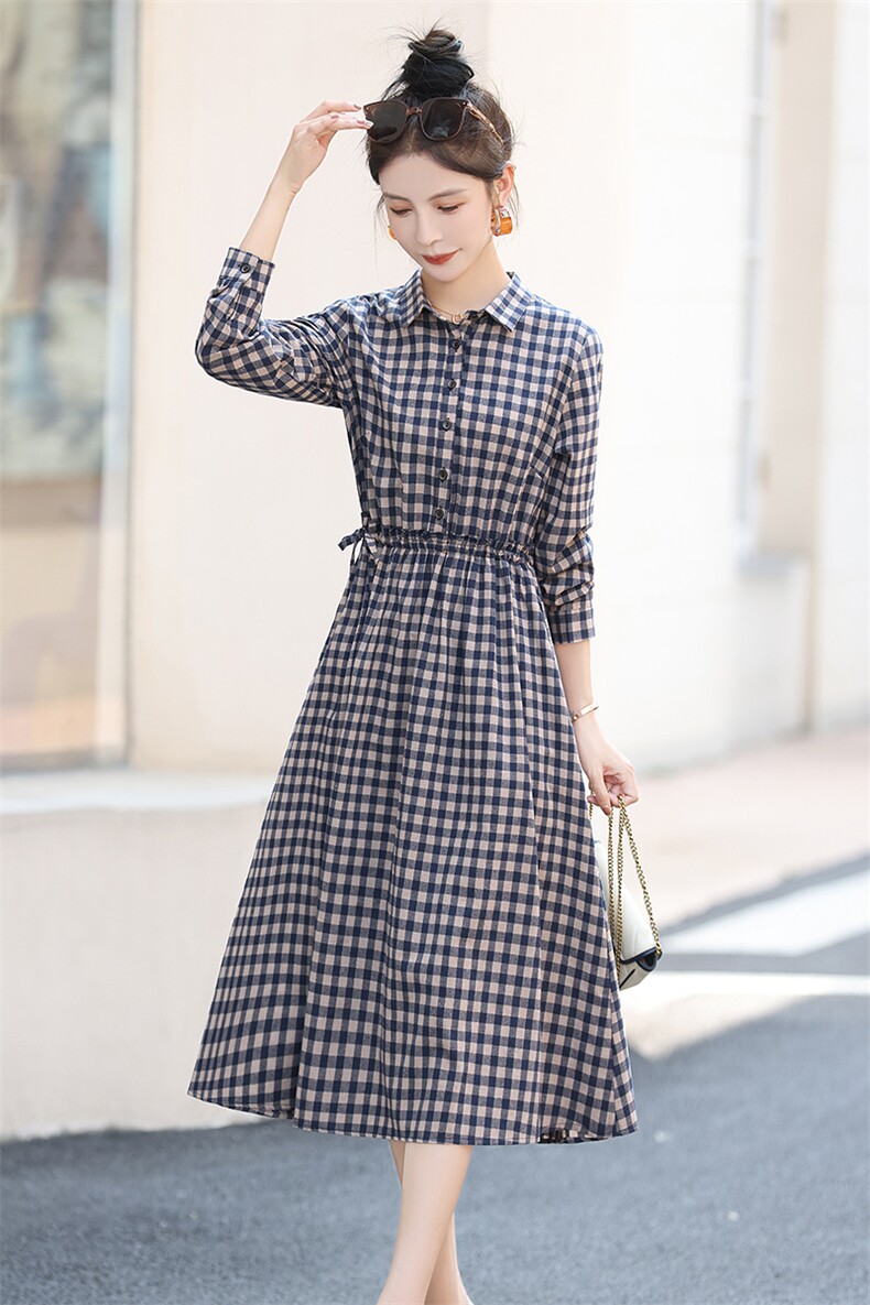黑白格子连衣裙女2025春秋新款复古气质中长款收腰显瘦衬衫领裙子,女装连衣裙,鑫思依格
