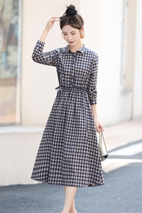 黑白格子连衣裙女2025春秋新款复古气质中长款收腰显瘦衬衫领裙子图片