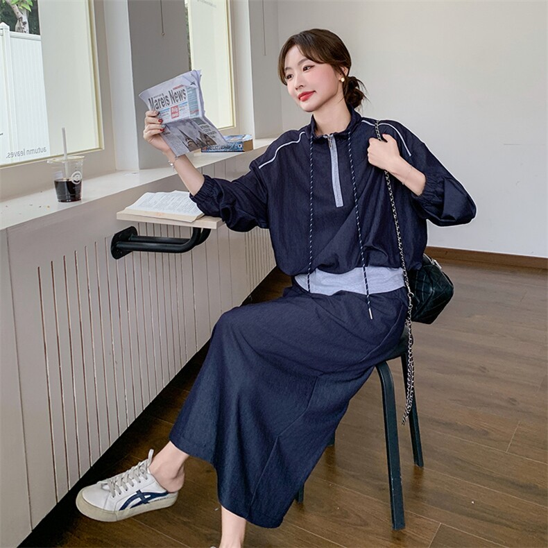 藏青色休闲运动套装裙女2025春季新款韩版学院风减龄半身裙两件套,女装套装/套裙,2C108