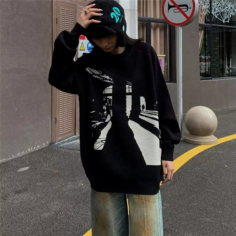 秋冬新款抽象图案圆领套头毛衣新款小众复古宽松慵懒针织衫男潮流，男装针织衫/毛衣，星座506A