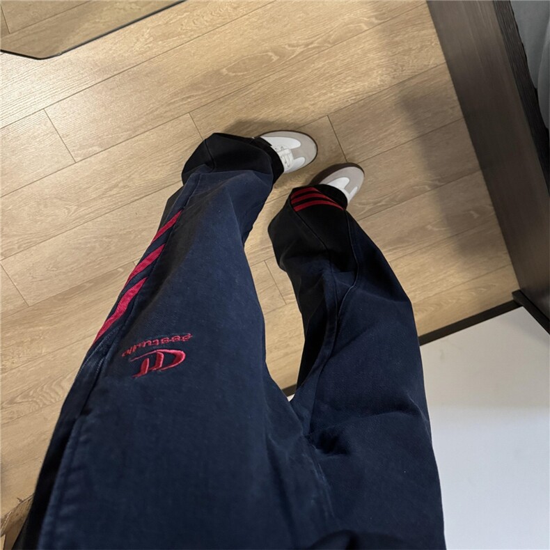 美式条纹牛仔裤男女新款三条杠裤子美式复古直筒裤N706-P48图片