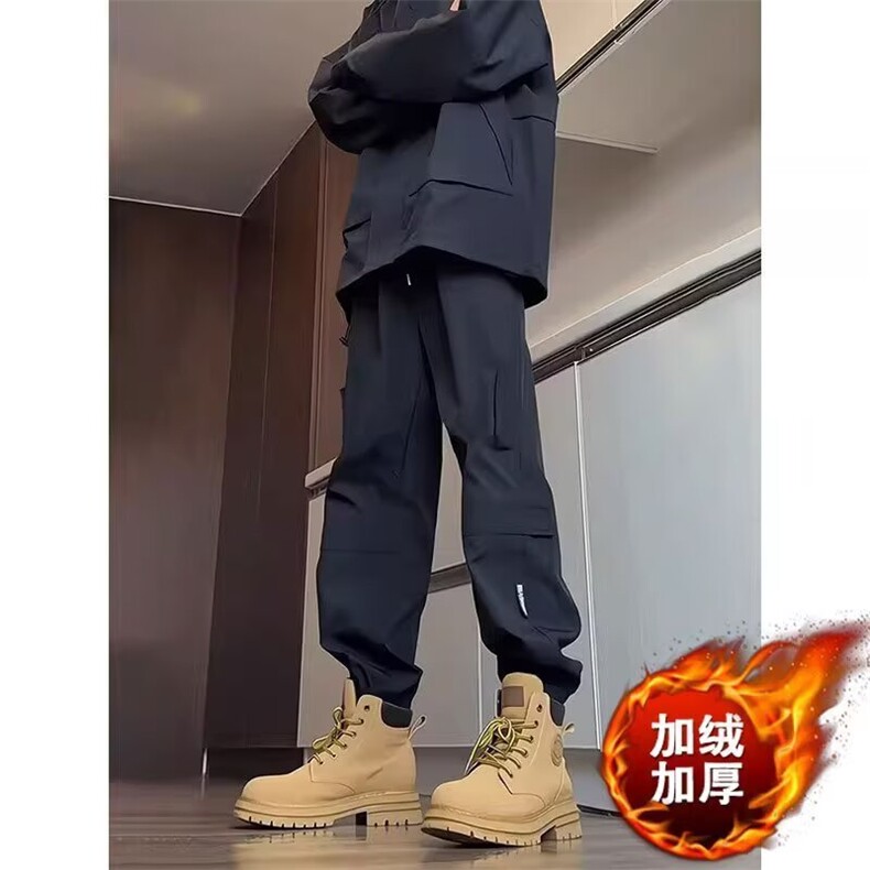 G23-加绒P43黑色工装裤男秋冬季2025新款休闲运动裤子阔腿直筒,男装工装外套,电商B323A