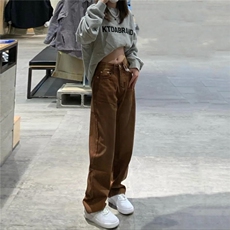 复古咖啡色阔腿牛仔裤女秋季韩版宽松显瘦直筒百搭拖地裤子ins潮，男装牛仔裤，星座506A