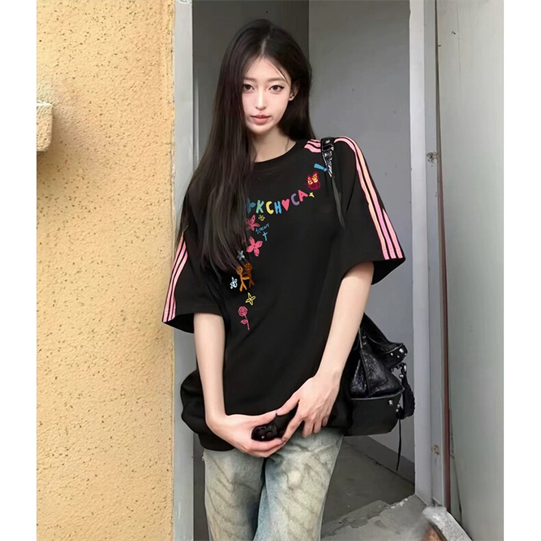抖音得物品质二开240克宽松纯棉美式潮牌印花三条杠中性风短袖T恤,男装T恤,电商A486