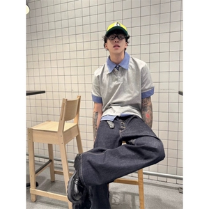 得物抖音高品质二开 夏季美式潮牌高街假两件格子衬衣翻领短袖T恤图片