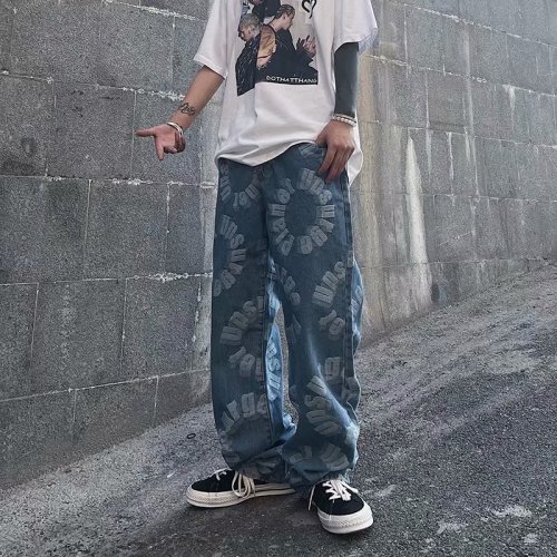 牛仔裤男圆圈字母夏季新款港风2021潮流宽松休闲裤痞子K344-P48，男装牛仔裤，星座412-2