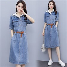 夏季新款POLO领纯色甜美修身白色假领子牛仔连衣裙女，女装连衣裙，微微衣阁