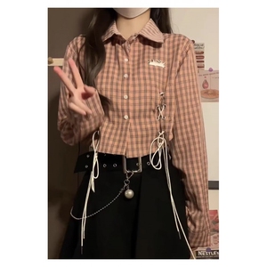 粉色格子长袖衬衫女早秋美式复古学院风绑带Polo领辣妹短款上衣女