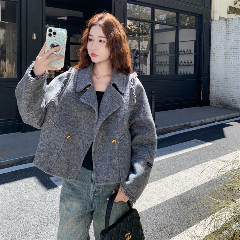 现货主推新款双面羊毛呢流苏双排扣女士精品羊毛外套,女装毛呢外套,SL