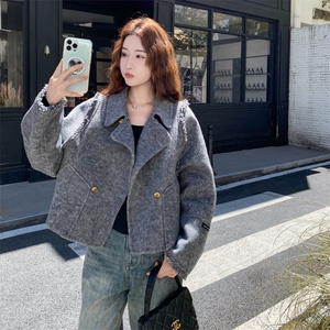 现货主推新款双面羊毛呢流苏双排扣女士精品羊毛外套图片