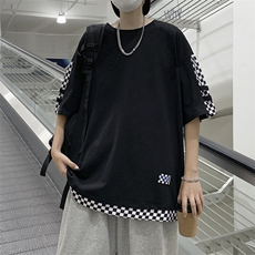 夏季假两件短袖T恤男拼接格子ins潮牌日系复古上衣T1314-P30，男装T恤，星座512-2
