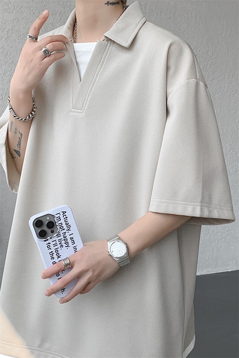 8XL-M假两件V领短袖t恤男夏翻领半袖宽松重磅华夫格大码DT001P40,男装T恤,电商B312