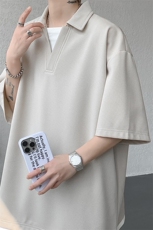8XL-M假两件V领短袖t恤男夏翻领半袖宽松重磅华夫格大码DT001P40，男装T恤，电商B312