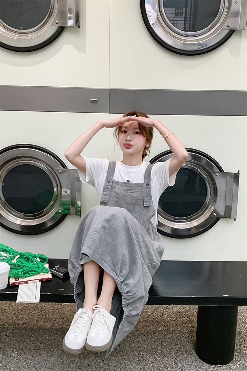 灰色工装背带裙套装女2025夏季新款韩系慵懒风宽松显瘦休闲连衣裙,女装连衣裙,浙宝276（原081）