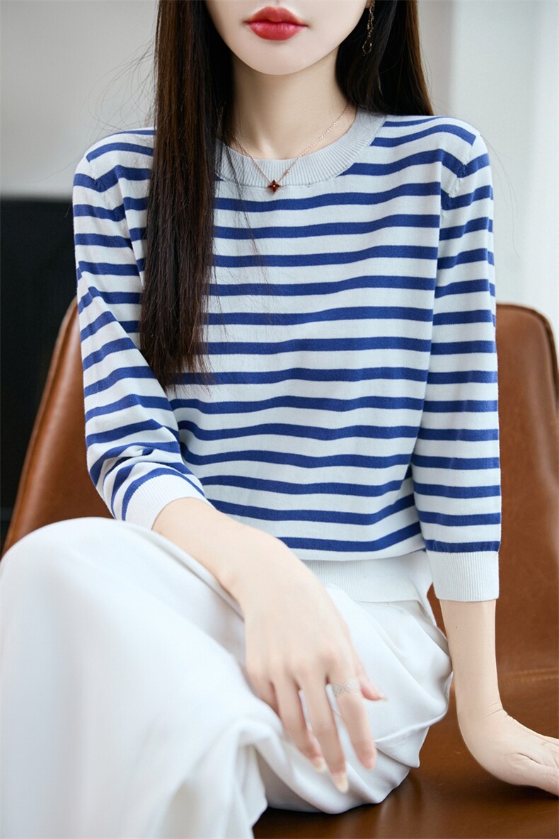 100%纯棉针织七分袖T恤女圆领条纹拼色中袖宽松棉麻短袖打底上衣,针织衫/毛衣,长今羊