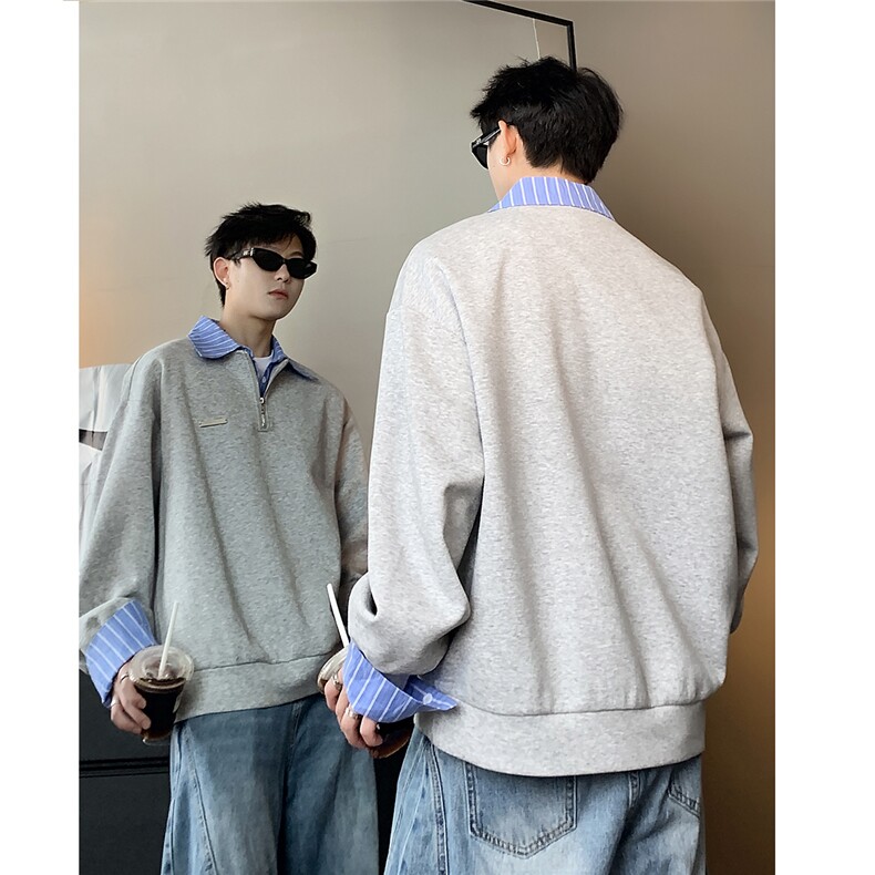 春秋季小众设计条纹翻领拉链拼接长袖假两件POLO衫W100-P58,男装Polo衫,电商C307