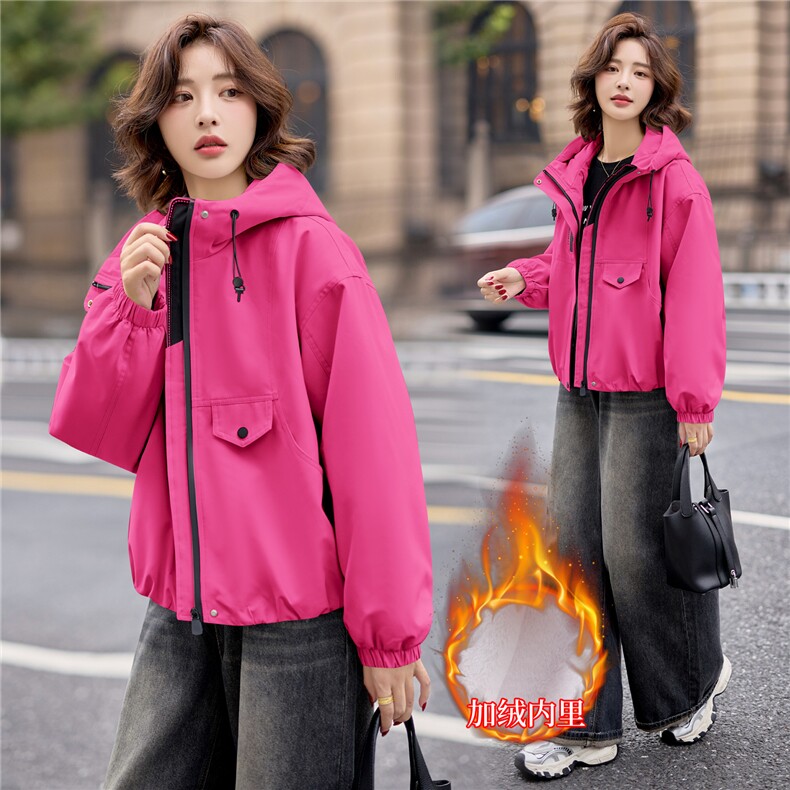 9112时尚加绒加厚连帽外套，女装派克服，依路服饰