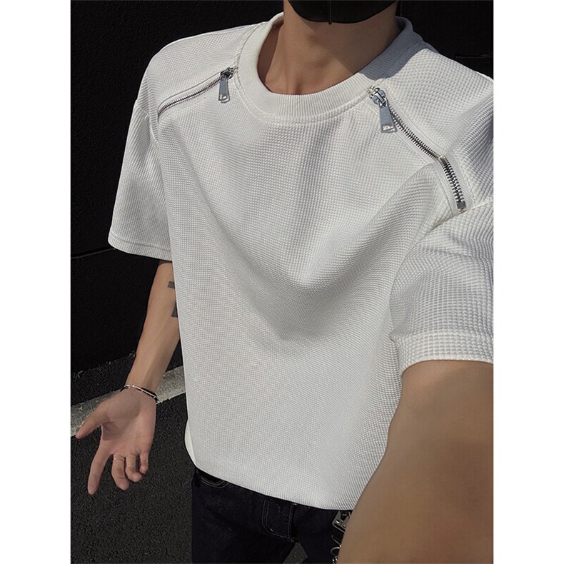 特批P25无差价夏季华夫格拉链拼接宽松痞帅五分短袖T恤男T5078,男装T恤,电商A001