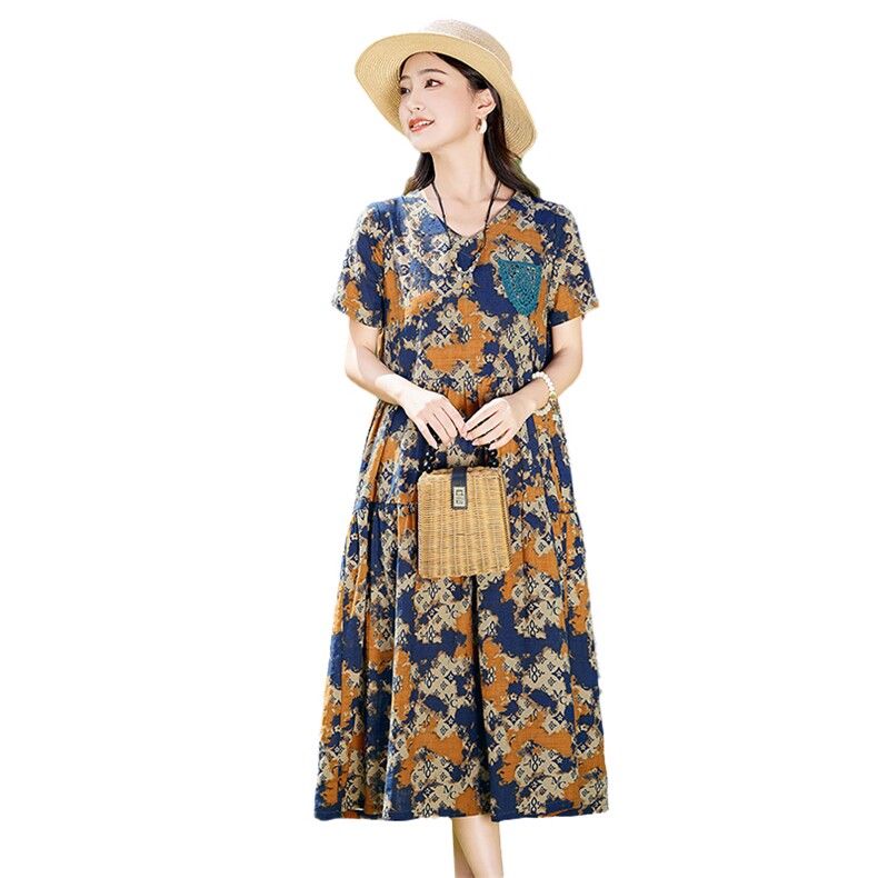 高档棉麻印花连衣裙女夏季2025新款宽松休闲舒适短袖薄款棉布裙子,女装连衣裙,倪叶myz