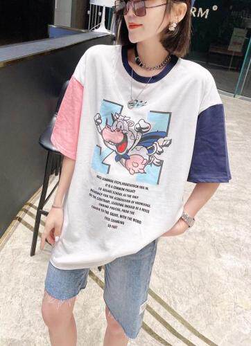 2021夏季拼色设计活性印染高飞图案全棉T恤,女装T恤,程稀