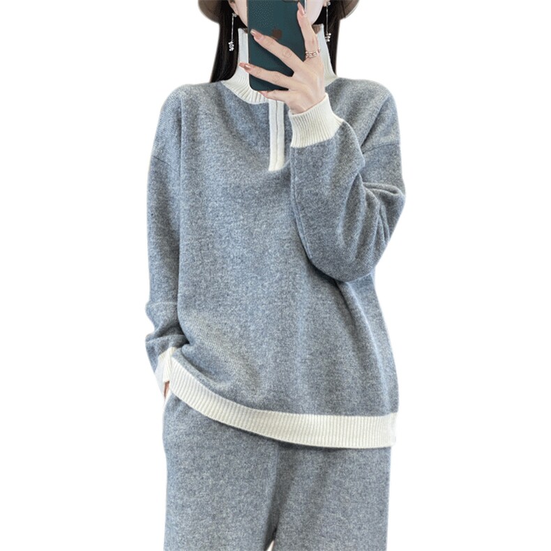 时尚拼色拉链套装舒适显瘦羊毛两件套,女装套装/套裙,宛庄羊绒