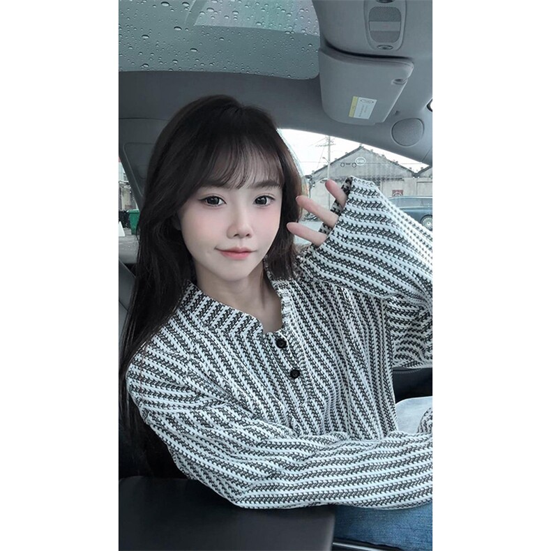 美式高街千鸟格子长袖T恤男女亨利V领英伦雅痞休闲宽松长袖打底衫,男装T恤,电商A486