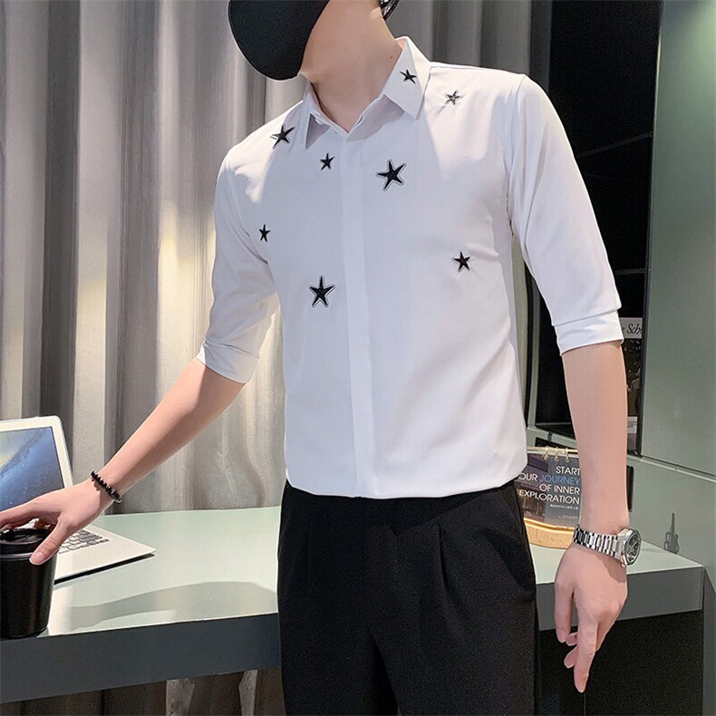 B2166506P502025夏装新潮男五角星刺绣中袖衬衫社会小伙风,男装衬衫,电商B216（原B302）