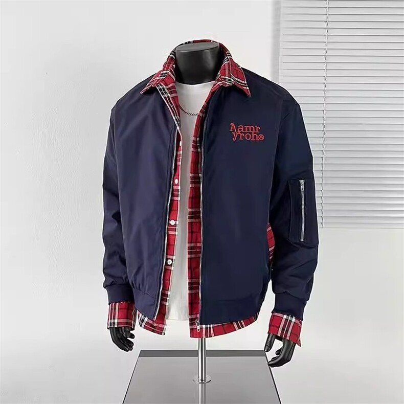 小众格子拼接假两件外套男秋复古工装飞行员夹克棒球服HH8561 P70图片