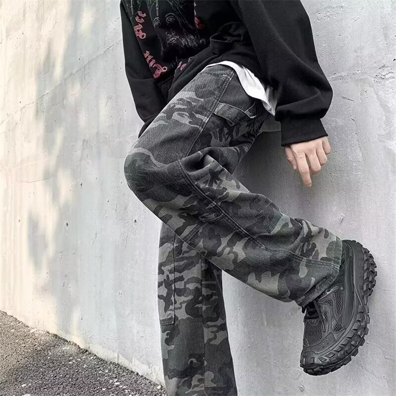 美式迷彩伐木裤男款秋季高街宽松直筒风工装牛仔裤阔腿M110 P42图片