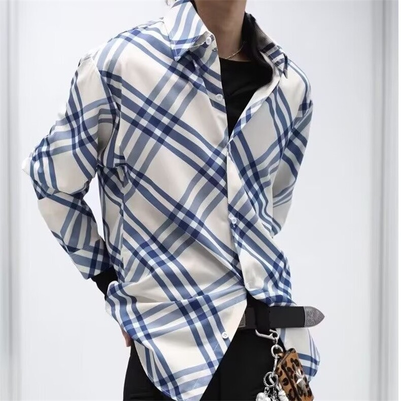 日系复古格子长袖衬衫男女春秋季潮宽松休闲百搭垂感衬衣外套，男装衬衫，星座1210-1
