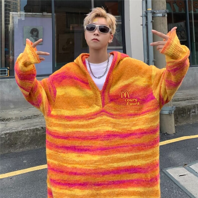 条纹连帽毛衣男秋冬季麦当劳刺绣慵懒风宽松针织衫BM681-P63,男装针织衫/毛衣,星座1109-3