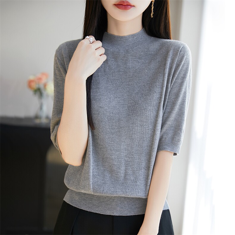 法式高端半高领五分袖打底衫女T恤2025新款中袖精纺薄款毛衣小衫,针织衫/毛衣,暖烁特种纱工厂店