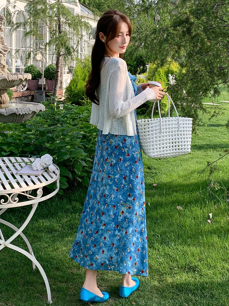 蓝色荷叶领碎花连衣裙女2025夏季新款韩系甜美修身显瘦吊带长裙潮,女装连衣裙,玖莱伊