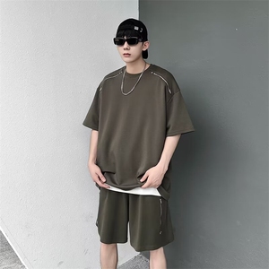 拉链高级感短袖T恤运动短裤两件套男夏季潮牌休闲套装 F667图片