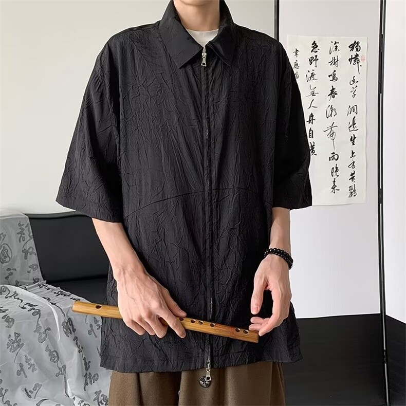 男士春夏2024新款衬衫皱布衬衣双拉链 HT64 P35图片