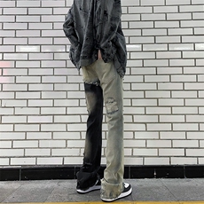 街头拼接牛仔裤男女春秋新款潮美式复古直筒微喇长裤N0731-P52，男装牛仔裤，星座308B-1