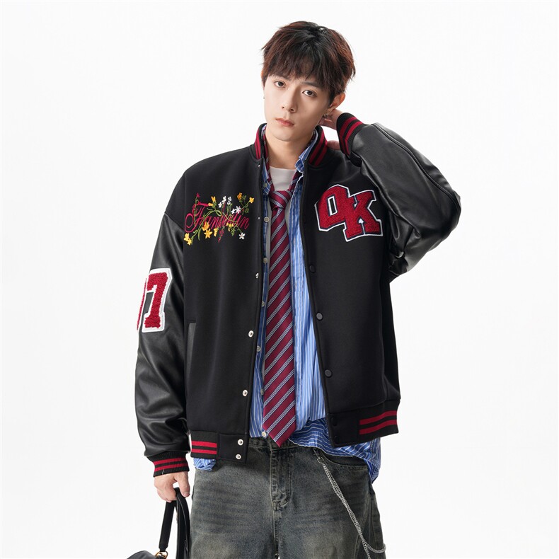 JK5872-P85美式拼接刺绣PU皮撞色棒球服飞行员夹克外套控149,男装夹克,星座109