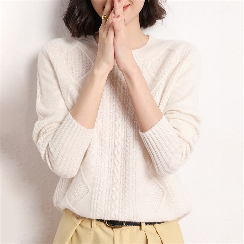 休闲/淑女2024年秋季通勤百搭新款柔软舒适扭花加厚羊绒衫女士,女装羊绒衫,艾米娇羊绒