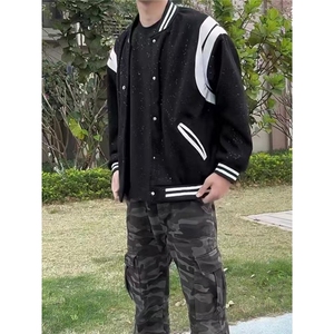 情侣款棒球服春季美式复古黑白拼接夹克外套男宽松潮流百搭飞行服图片